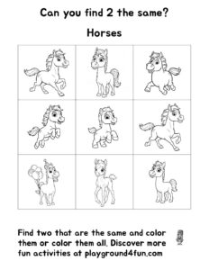 Coloring pages: Can you find 2 the same Horses pdf