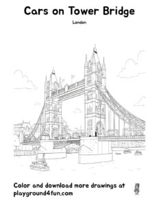 Coloring pages: Cars on Tower Bridge pdf