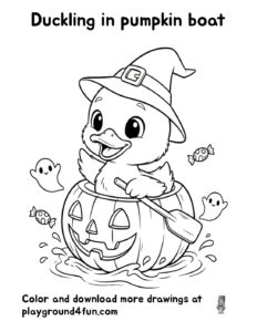 Coloring pages: Duckling in pumpkin boat pdf