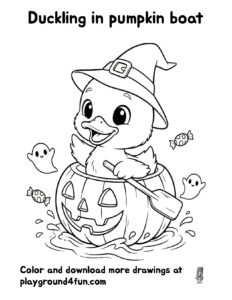 Coloring pages: Duckling in pumpkin boat preview