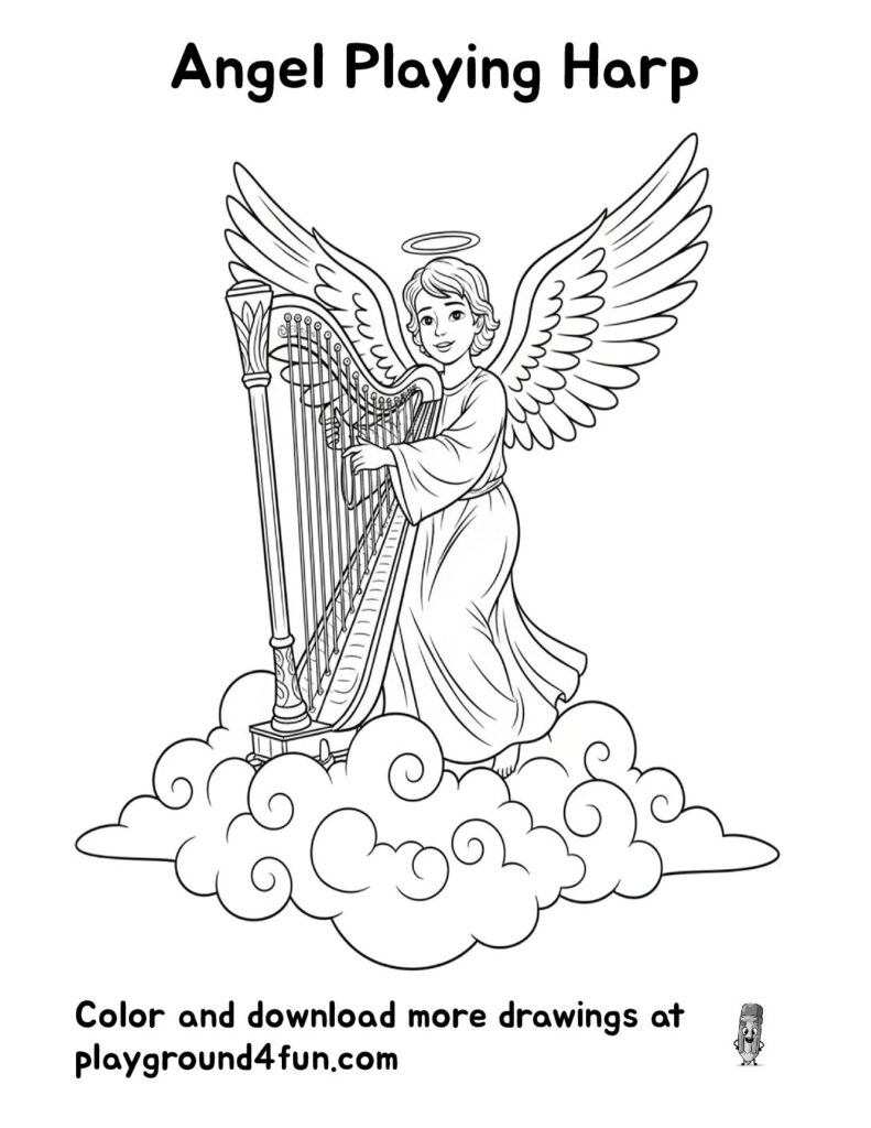 Angel Playing Harp Coloring Pages