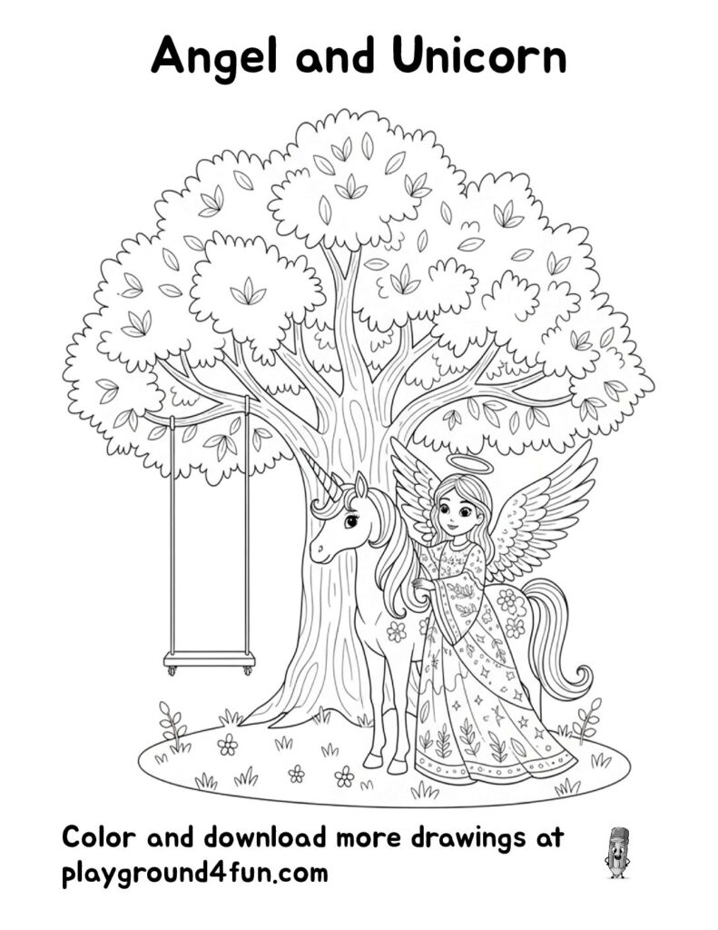 Angel and Unicorn Coloring Pages