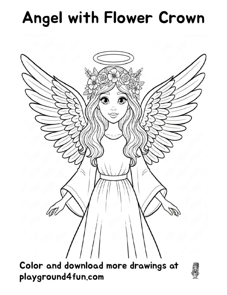 Angel with Flower Crown Coloring Pages