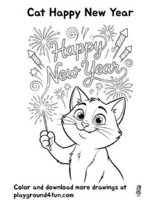 Coloring pages: Cat Happy New Year pdf