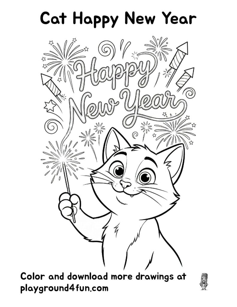 Cat Happy New Year Coloring Pages