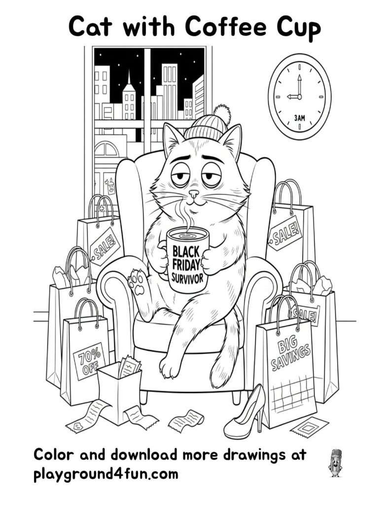 Cat with Coffee Cup Coloring Pages