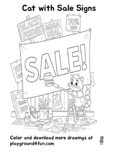 Coloring pages: Cat with Sale Signs pdf