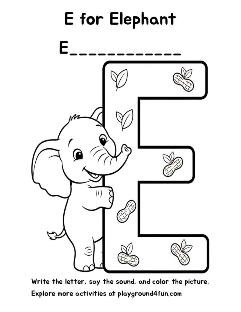 E for Elephant Coloring Pages