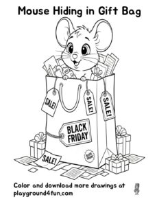 Coloring pages: Mouse Hiding in Gift Bag pdf