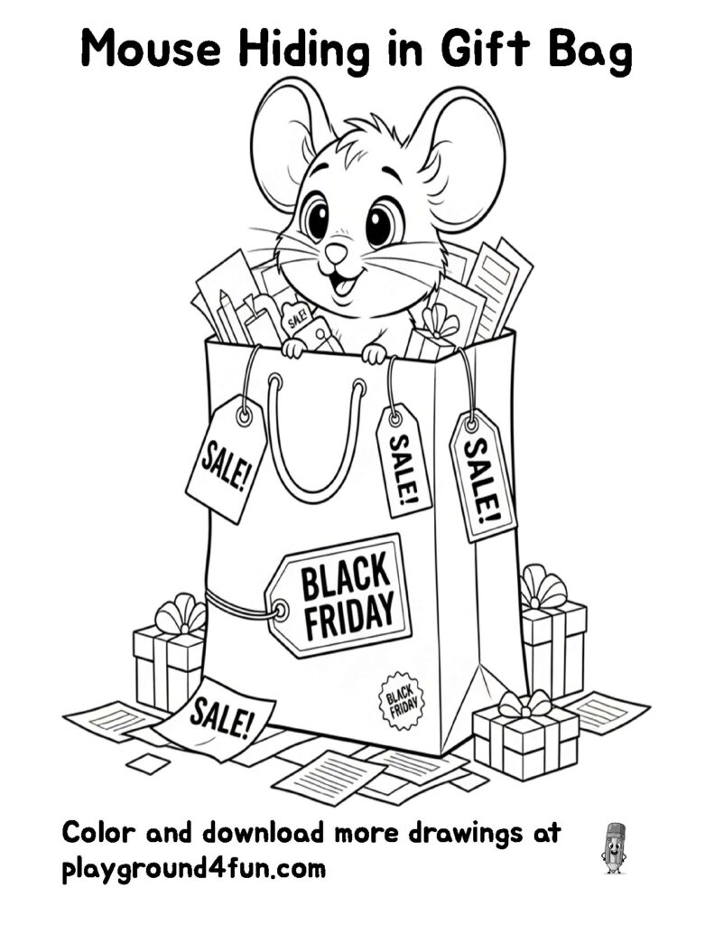 Coloring pages: Mouse Hiding in Gift Bag preview