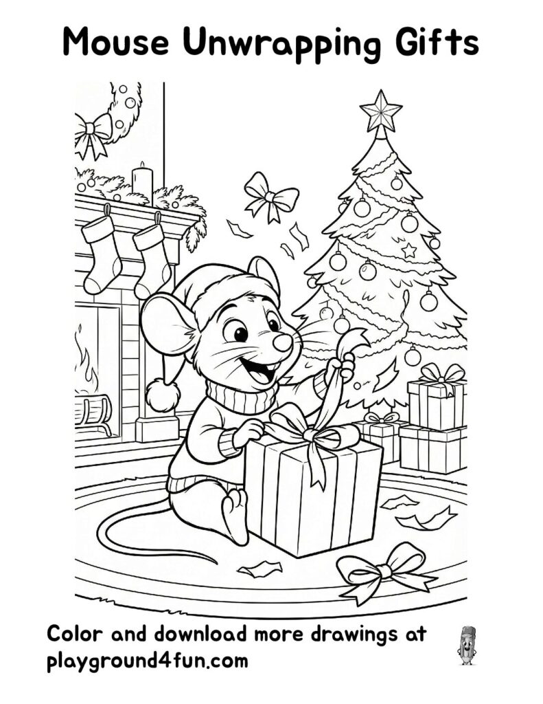Mouse Unwrapping Gifts Coloring Pages