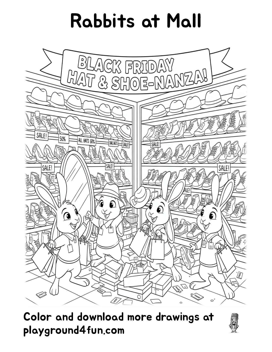 Coloring pages: Rabbits at Mall pdf