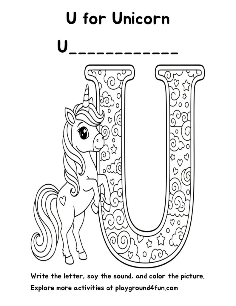 U for Unicorn Coloring Pages