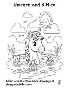 Coloring pages: Unicorn and 3 Mice 1 pdf