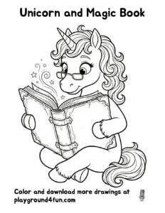 Coloring pages: Unicorn and Magic Book preview