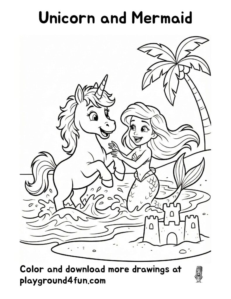 Unicorn and Mermaid Coloring Pages