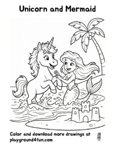 Coloring pages: Unicorn and Mermaid preview