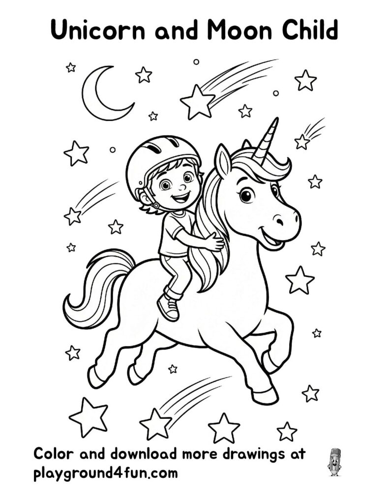 Unicorn and Moon Child Coloring Pages