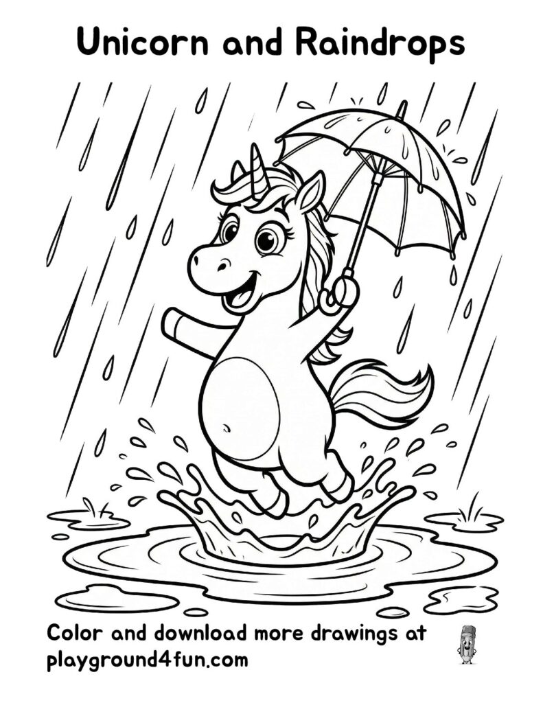 Unicorn and Raindrops Coloring Pages