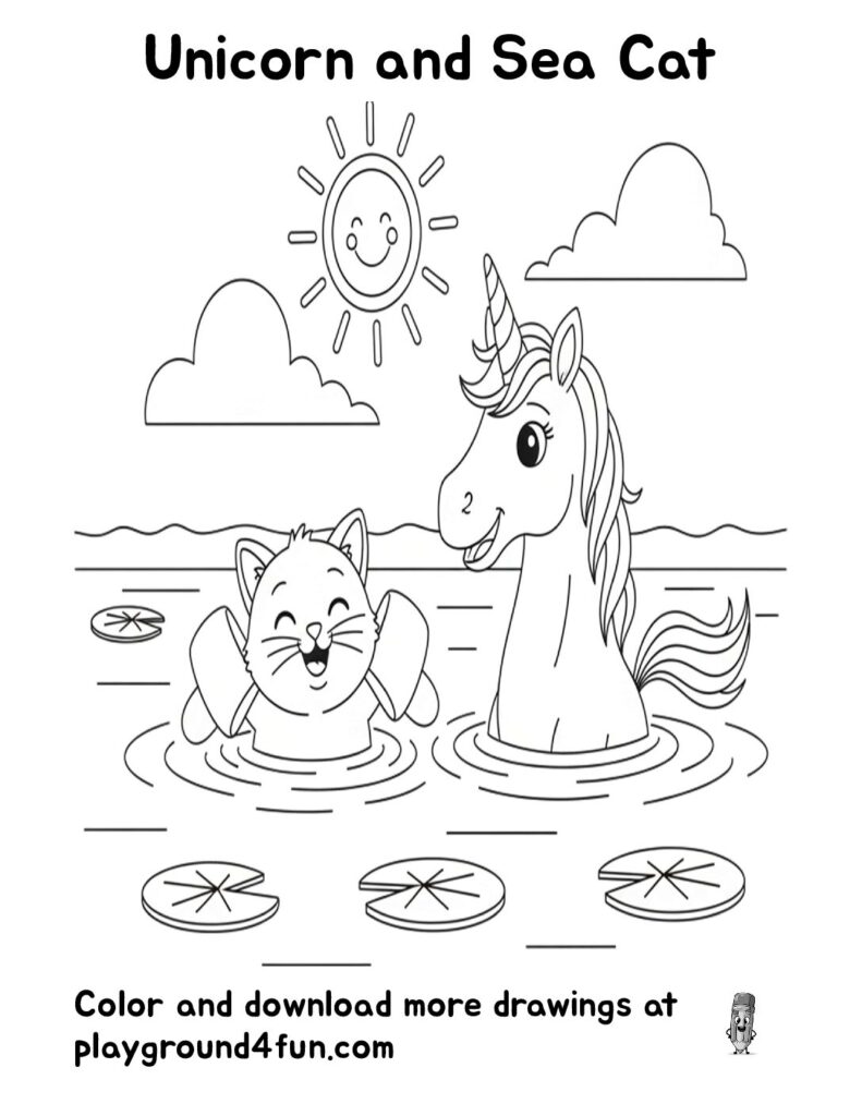 Unicorn and Sea Cat Coloring Pages