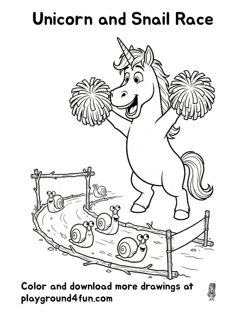 Unicorn and Snail Race Coloring Pages