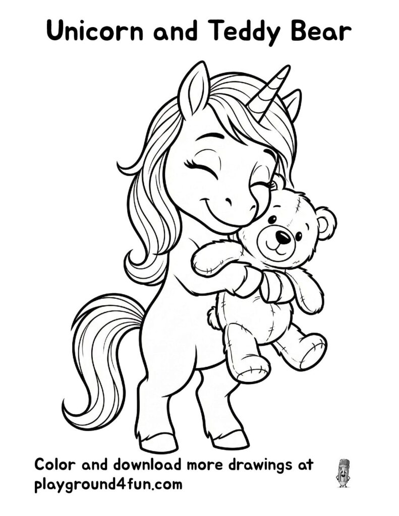 Unicorn and Teddy Bear Coloring Pages
