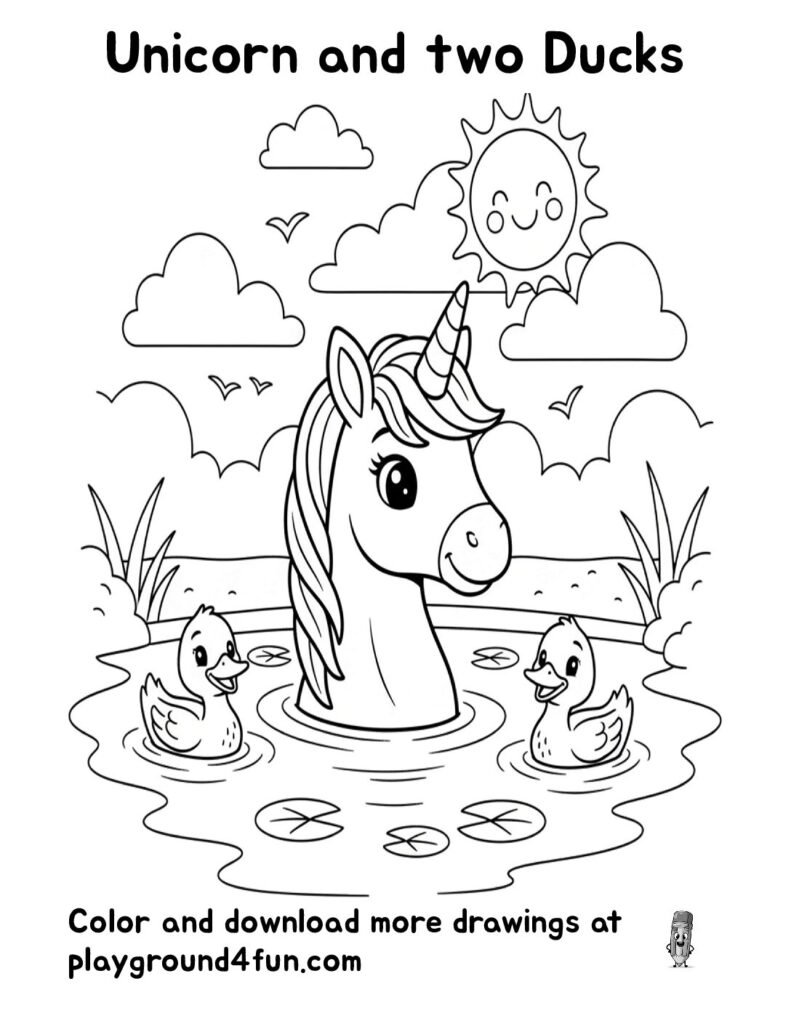 Unicorn and two Ducks Coloring Pages