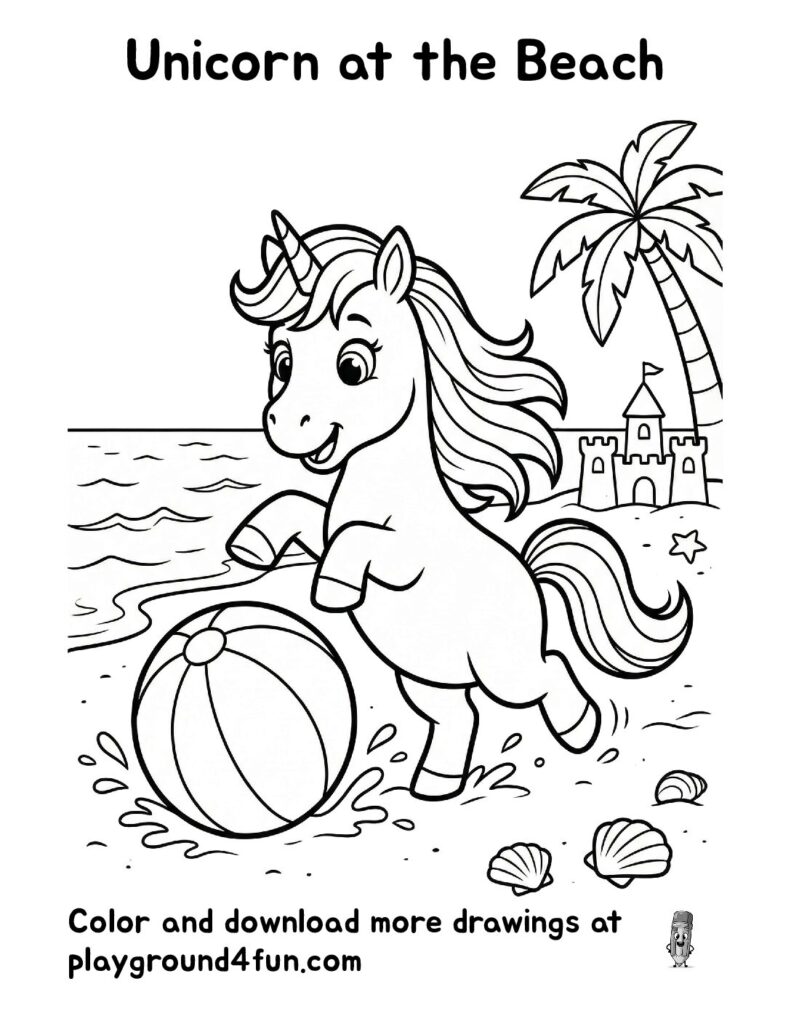Unicorn at the Beach Coloring Pages