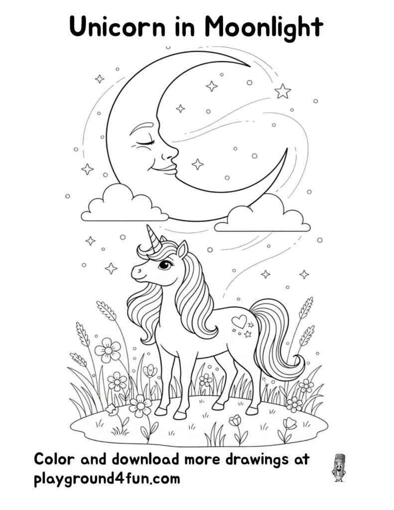 Unicorn in Moonlight Coloring Pages
