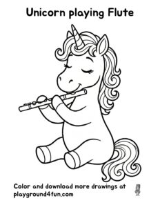 Coloring pages: Unicorn playing Flute pdf