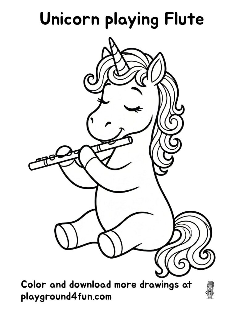 Unicorn playing Flute Coloring Pages