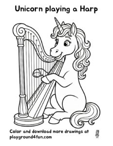 Coloring pages: Unicorn playing a Harp pdf