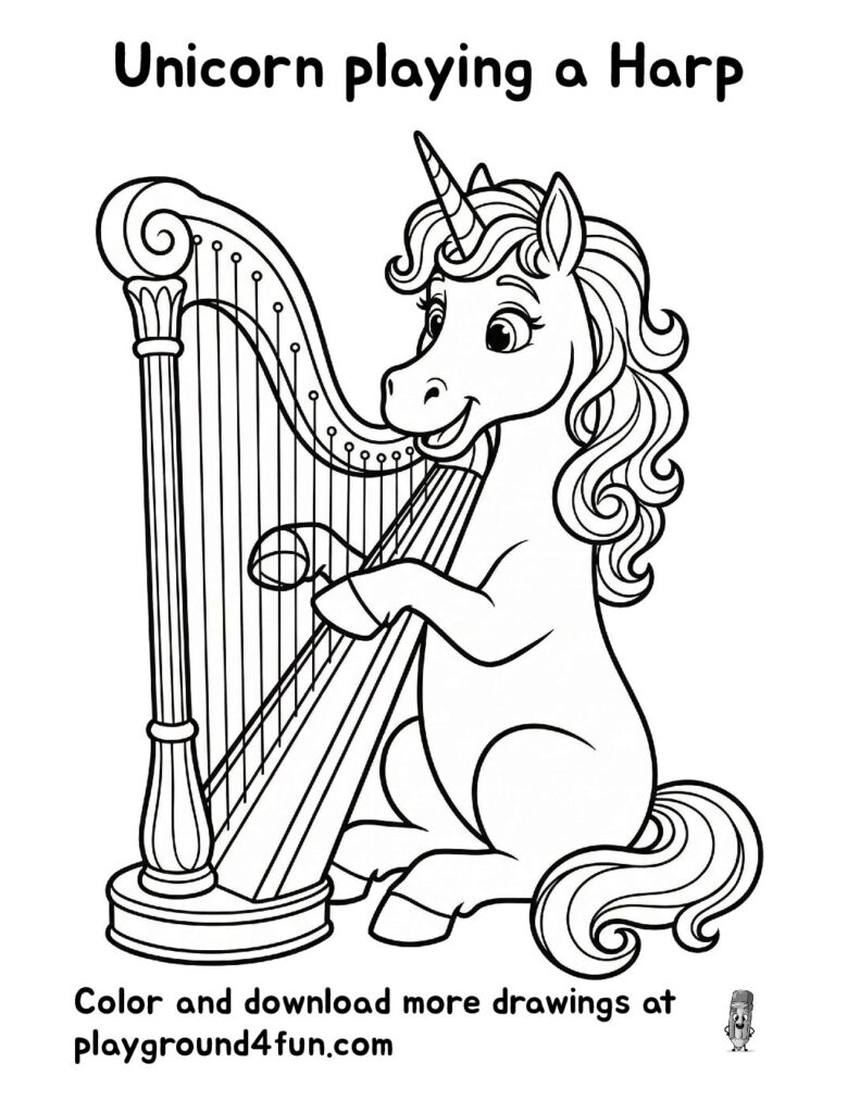 Unicorn playing a Harp Coloring Pages