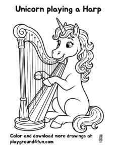Coloring pages: Unicorn playing a Harp preview