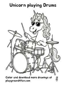 Coloring pages: Unicorn playing drums pdf