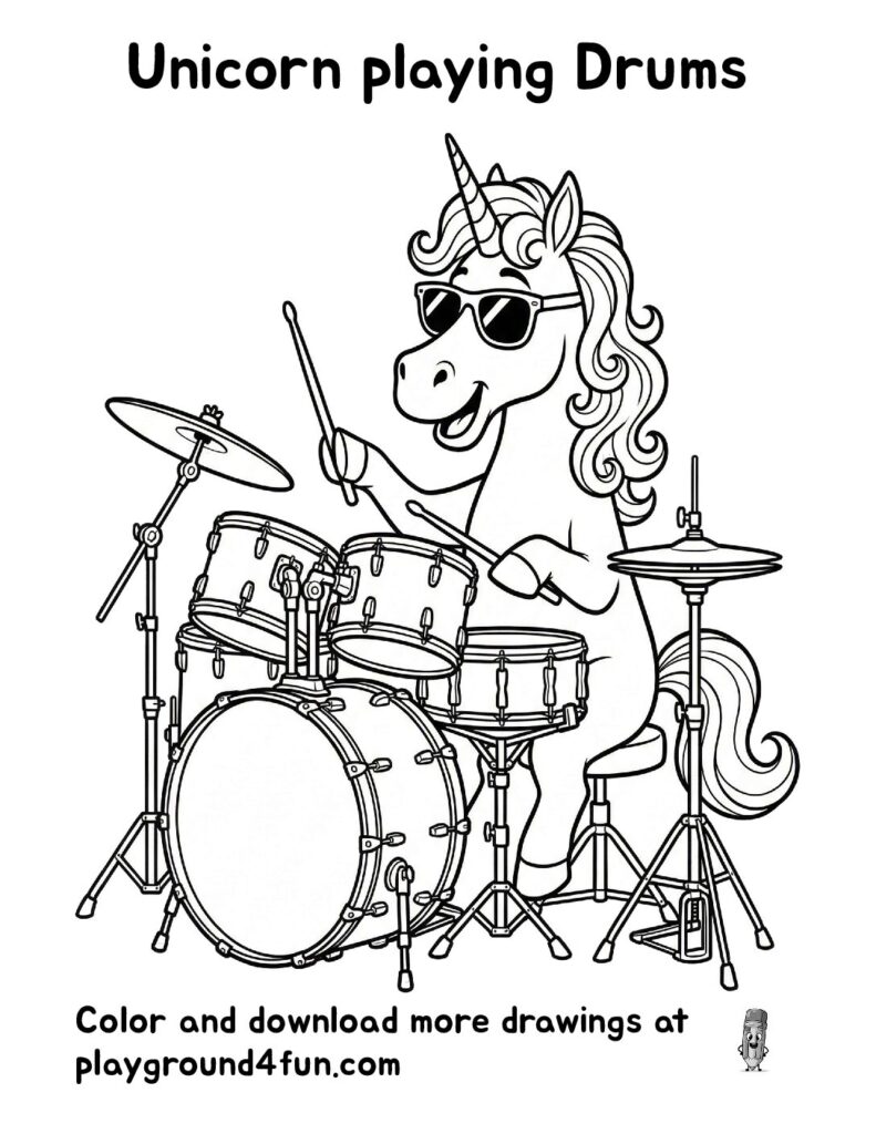 Unicorn playing drums Coloring Pages