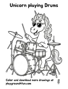 Coloring pages: Unicorn playing drums preview