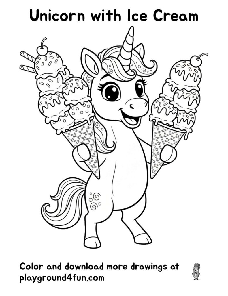 Unicorn with Ice Cream Coloring Pages