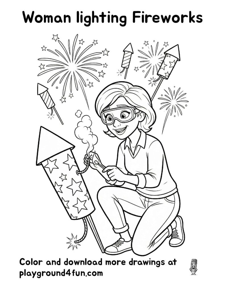 Woman lighting Fireworks Coloring Pages
