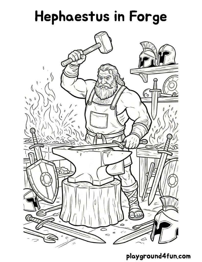 Greek Mythology Coloring Pages like Hephaestus in Forge