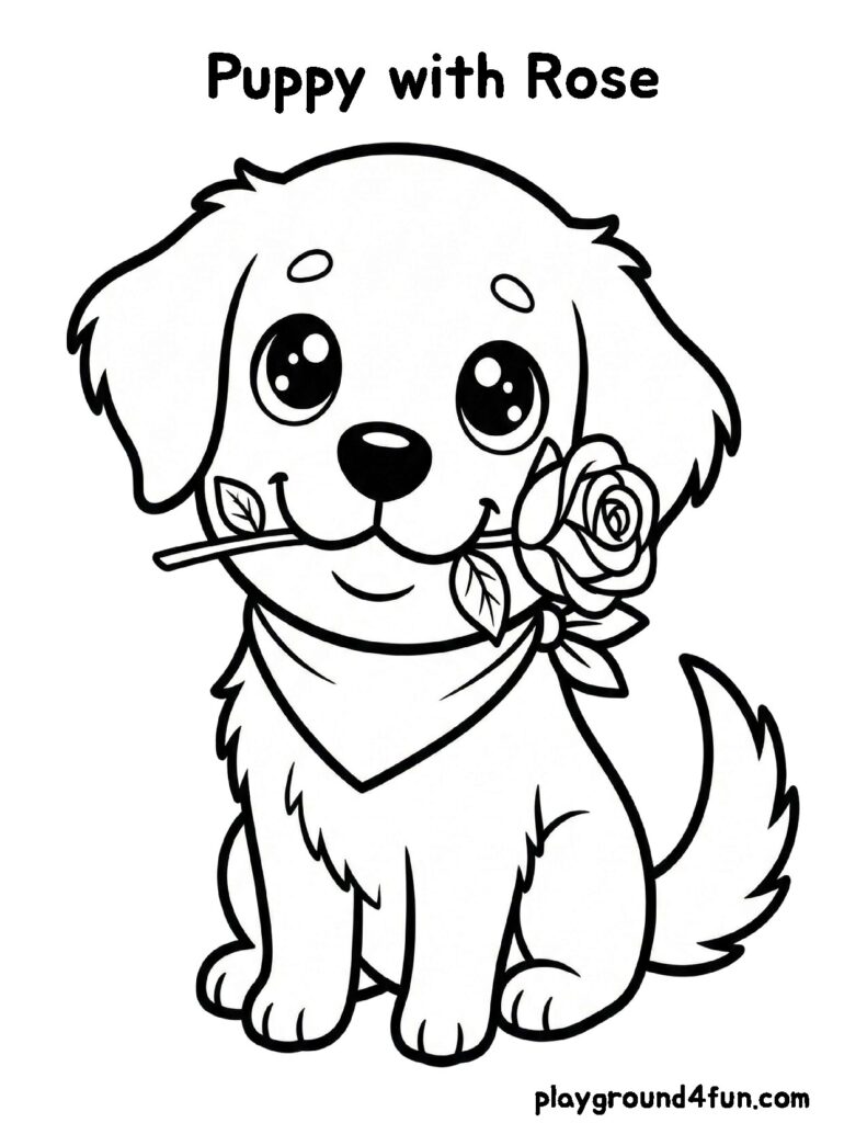 Valentine’s Day Coloring Pages like Puppy with Rose