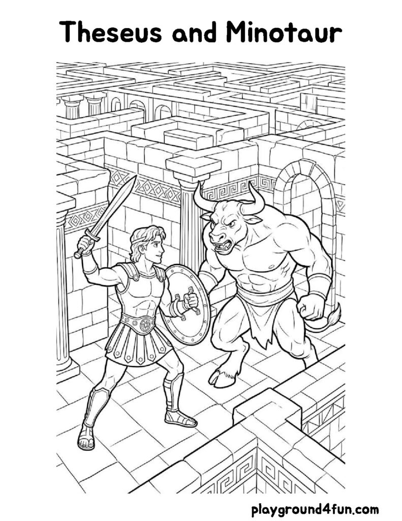 Greek Mythology Coloring Pages like Theseus and Minotaur