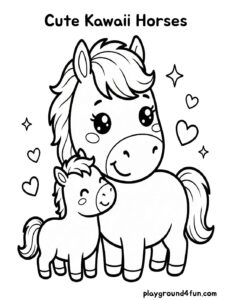 Coloring pages: Cute Kawaii Horses pdf