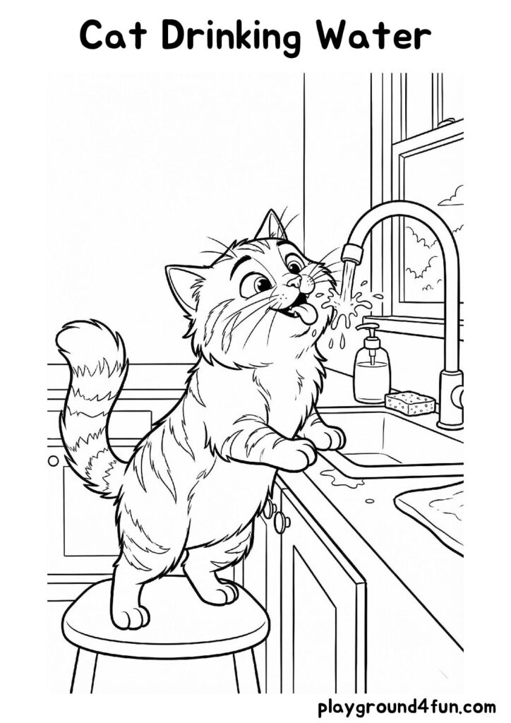 Cat Drinking Water Coloring Pages
