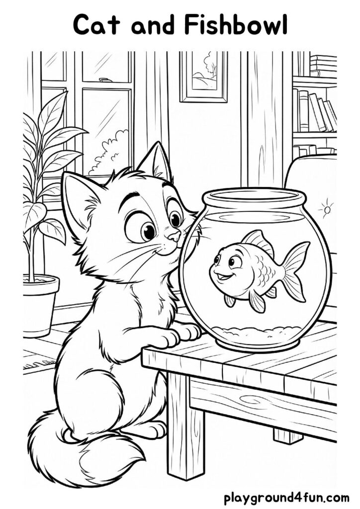 Cat and Fishbowl Coloring Pages