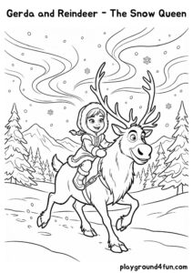 Coloring pages: Gerda and Reindeer The Snow Queen pdf
