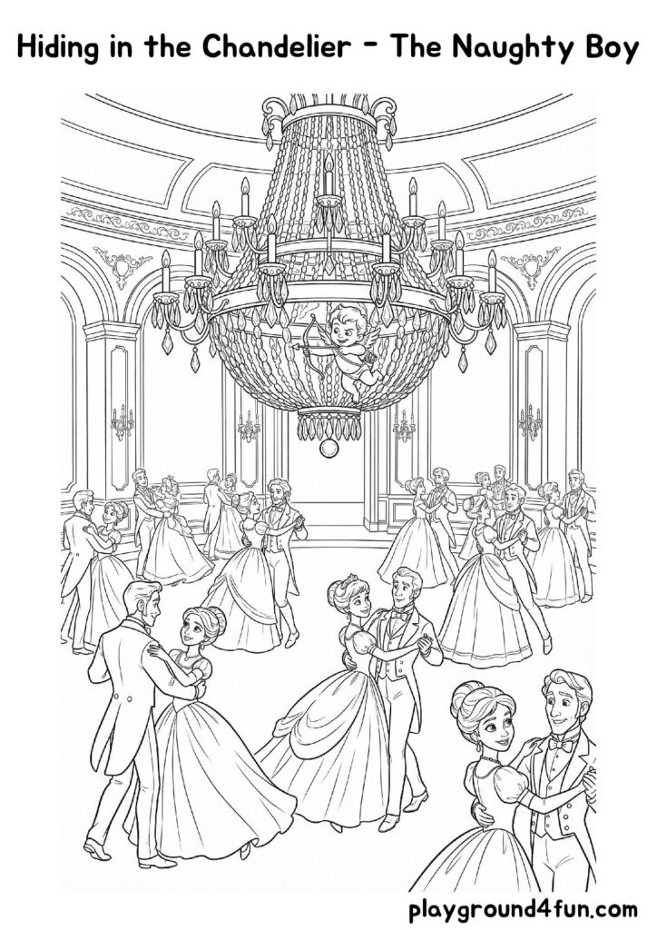 Hiding in the Chandelier – The Naughty Boy Coloring Pages