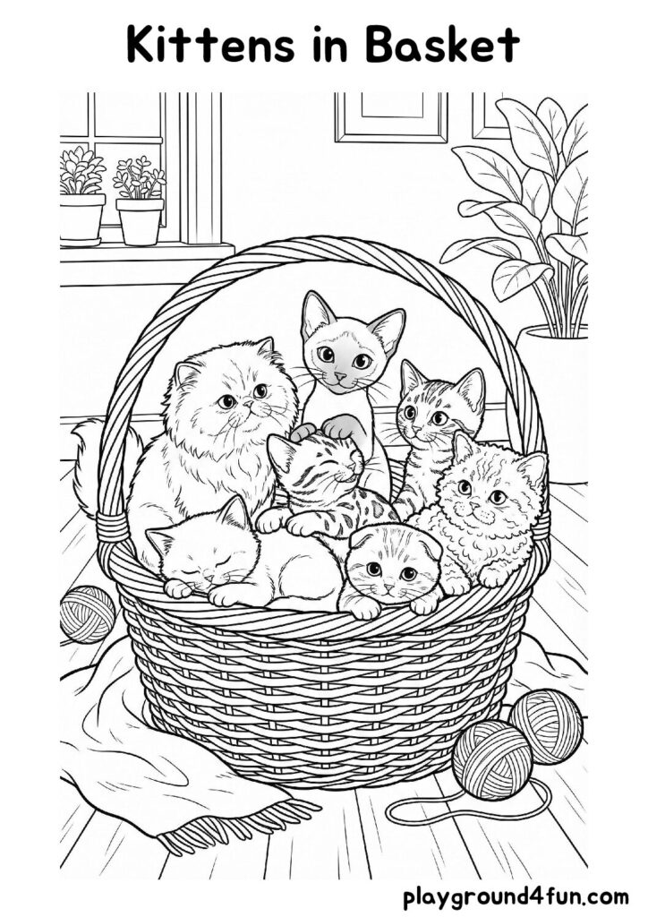 Kittens in Basket Coloring Pages