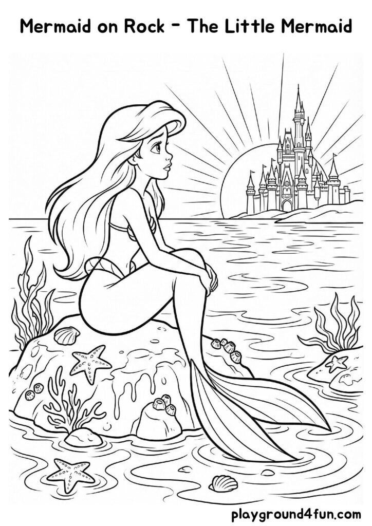 Mermaid on Rock – The Little Mermaid Coloring Pages