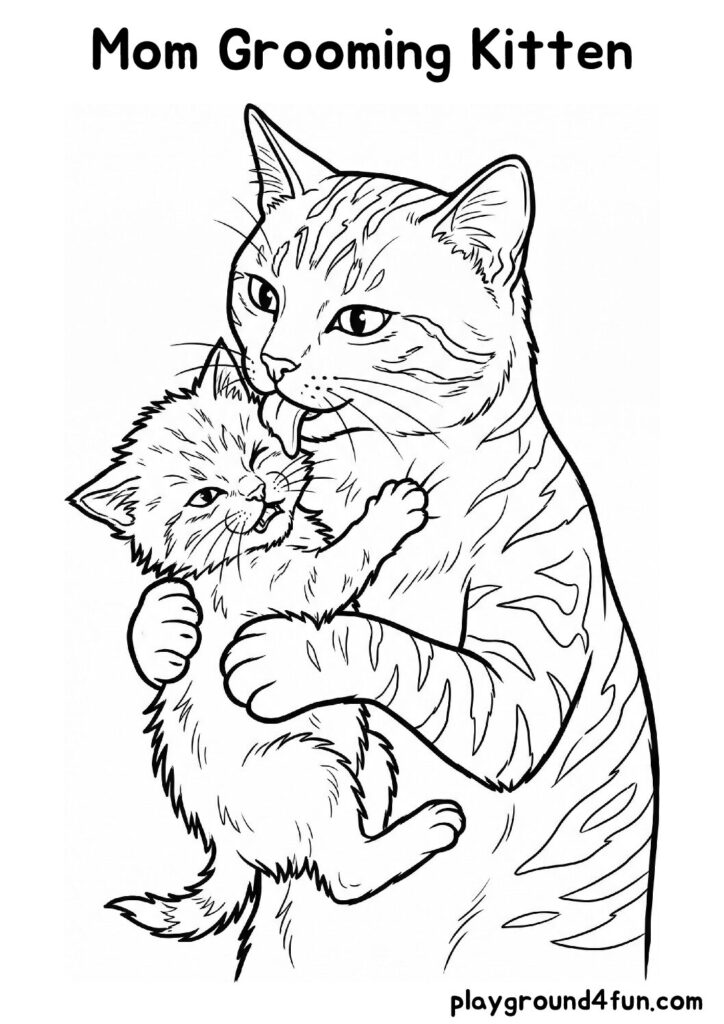 Mom Grooming Kitten